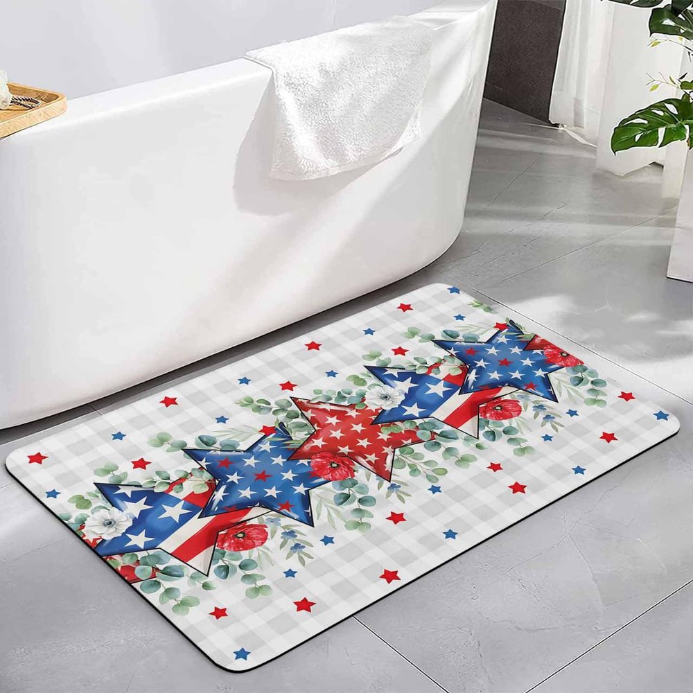 4th of July Bath Mat for Tub,Non Slip Bathroom Floor Runner Rug Quick Dry & Absorbent Diatomaceous Earth Shower Sink Bedroom Kitchen Living Room Doormat 20"x32" American Flag Stars Eucalyptus Plaid