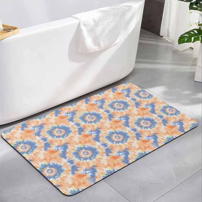 Jolunifun Tie Dye Bath Mat for Tub,Non Slip Bathroom Floor Runner Rug Quick Dry & Absorbent Diatomaceous Earth Shower Sink Bedroom Kitchen Doormat 16"x24" Orange Navy Blue Stained Rainbow Colored Art
