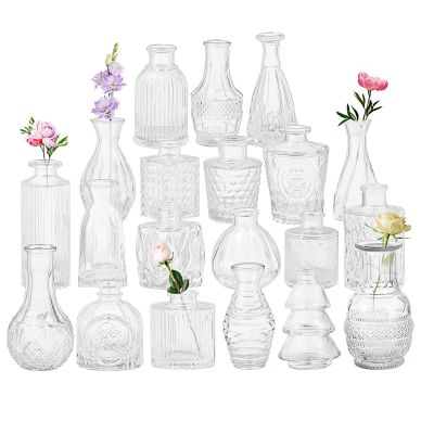 Set of 20 Glass Bud Vases,Small Clear Vases,Wedding Centerpiece Table Decorations,Clear Vintage Embossed Mini Vases,Flower Arrangements in for Party or Home Decor