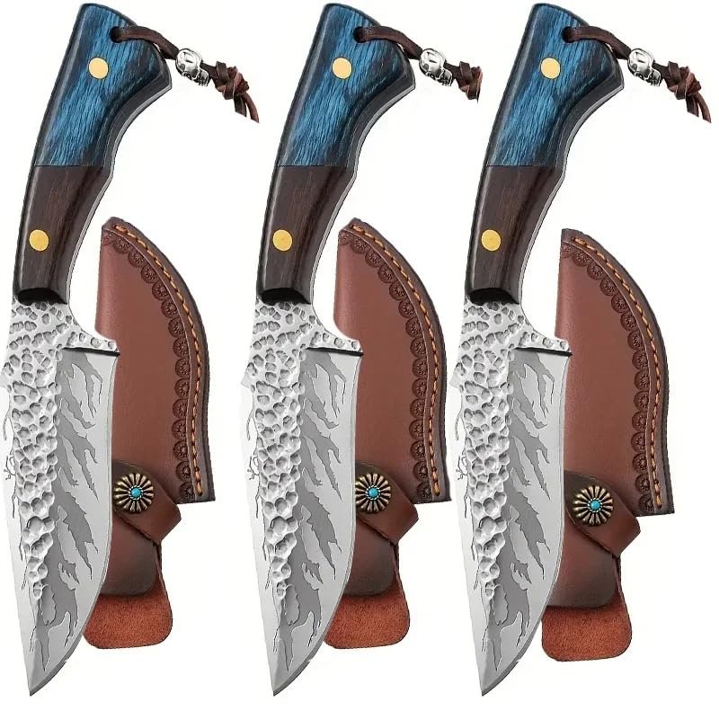 toothgeneric Meat Cleaver,Cleaver Knife Handmade Kitchen Boning Knife Meat Cleaver Vegetable Fruit Cutting Utility Knife Stainless Steel Kitchen Knives Wooden Handle (Color : Boning Knife 3pcs)