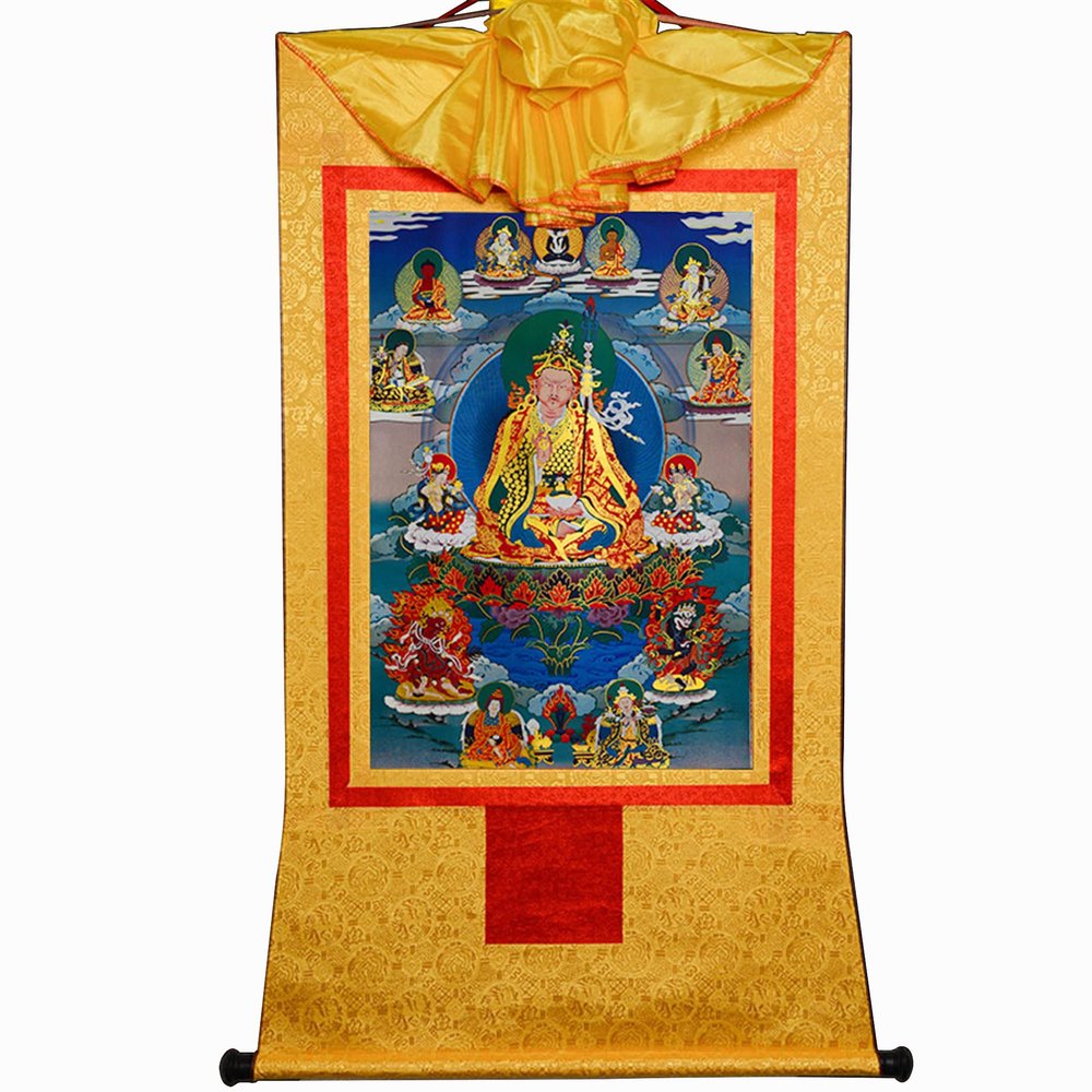 thangka, Tibetan thangka,thangka painting,buddhist tapestry,Tantric Tibetan Buddhist Thangka Wall Hanging,Guru Rinpoche,Lotus Born,Padmakara,Hot Stamping Brocade Buddhist Tapestry,for Zen Home Decor M