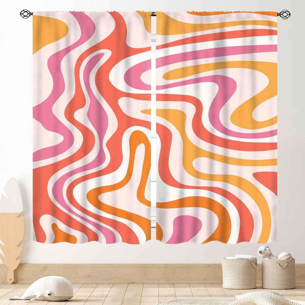 Aesthetic Curtains for Bedroom, Retro Groovy Cute 70s Orange Pink Spiral Swirl Pastel Abstract Wavy Hippie Funky Style Boho Window Treatment Drapery for Living Room kitchen Home 2 Panels, 84"x63" Inch