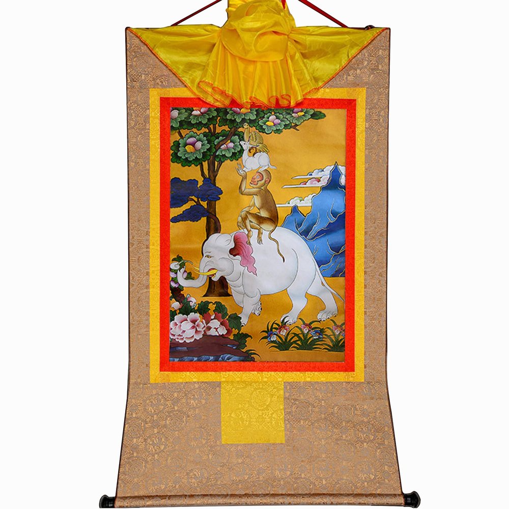 thangka, Tibetan thangka,thangka painting,buddhist tapestry,Four Harmonious Animals(Elephant,Monkey,Hare,Bird), Tibetan Thangka Painting Art,Buddhist Thangka Brocade,Buddha Tapestry with Scroll ( Colo