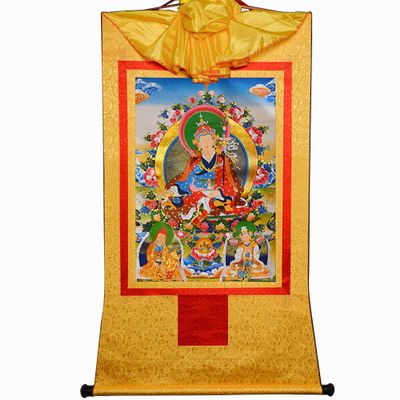 thangka, Tibetan thangka,thangka painting,buddhist tapestry,Tantric Tibetan Buddhism Thangka Wall Hanging,Three Forms of Guru Rinpoche,Lotus Born,Hot Stamping Brocade Buddhist Tapestry for Zen Home De