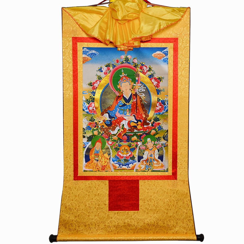 thangka, Tibetan thangka,thangka painting,buddhist tapestry,Tantric Tibetan Buddhism Thangka Wall Hanging,Three Forms of Guru Rinpoche,Lotus Born,Hot Stamping Brocade Buddhist Tapestry for Zen Home De