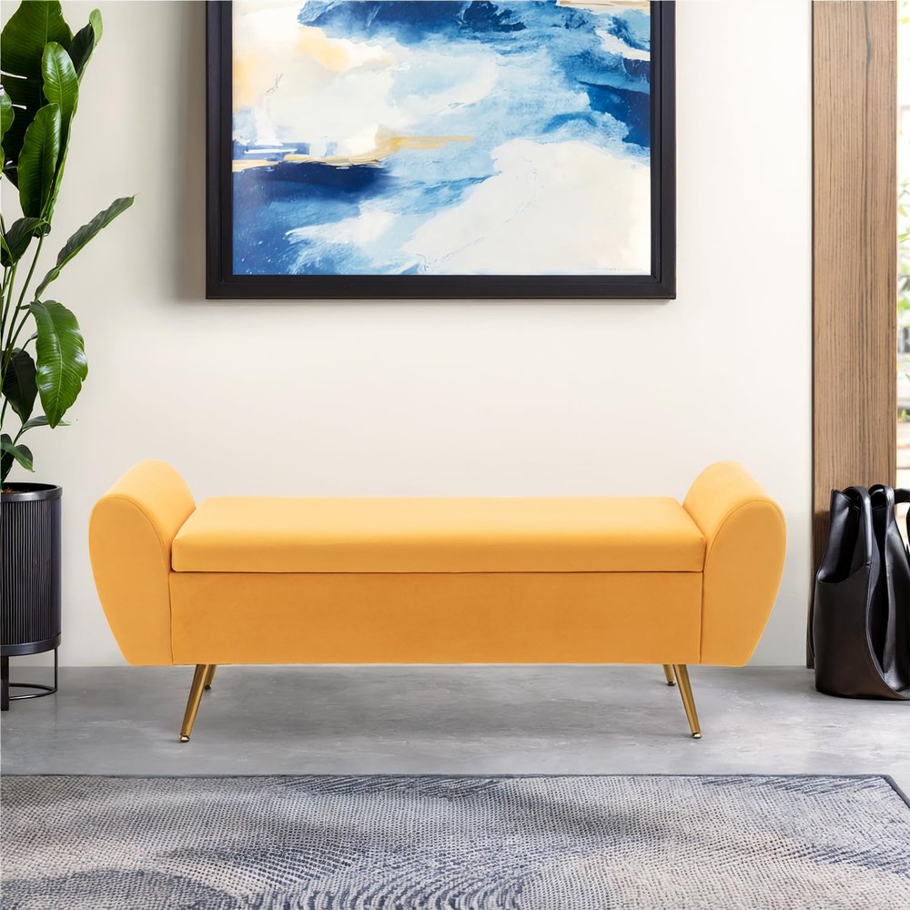 56" Storage Bench for Bedroom King Size Bed, Gold Legs, Velvet Yellow