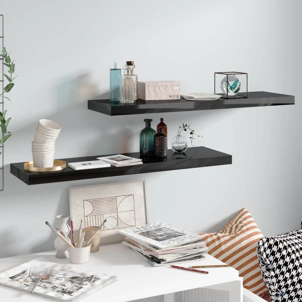 Floating Wall Shelves 2 pcs High Gloss Black 35.4"x9.3"x1.5" MDF Home Decor Shelf Living Room Decor Wall Shelf Suitable for Living Room, Bathroom, Kitchen, Bedroom.