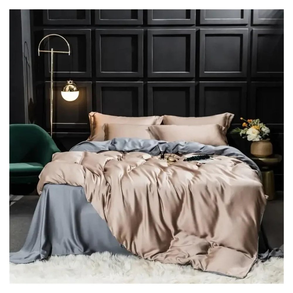 GLAMDIA Bed, Luxury 100% Silk Beauty Bedding Set Silk Duvet Cover Flat Sheet Bed Linen Pillowcase for Ad Bedult Set 4PCS, Queen, MM-102