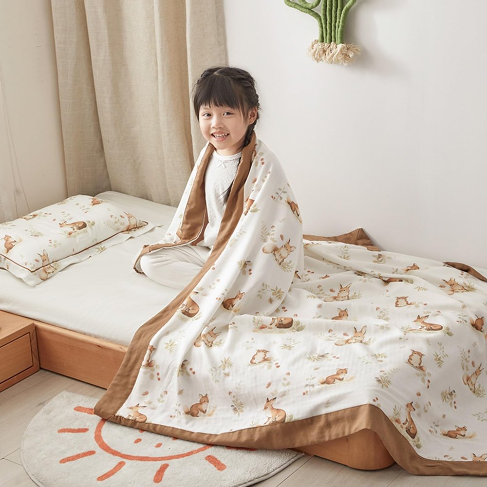 XHCTNN New Children Summer Quilt, 4 Layers Gauze Child Summer Cool Blanket - Soft Comfortable Throw Blanket Lightweight Summer Quilt for Teens & Kids(B+Pillowcase,47 * 59")