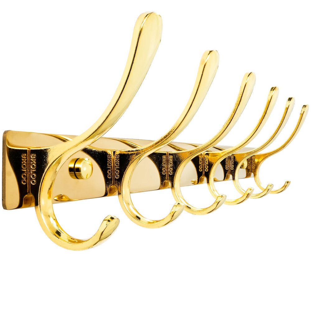 SKOLOO Heavy Duty Wall Mounted Coat Rack - 6 Hooks, Stainless Steel, Sturdy Coat Hooks for Hanging Coats, Jacket, Clothes, Hat, Bright Gold