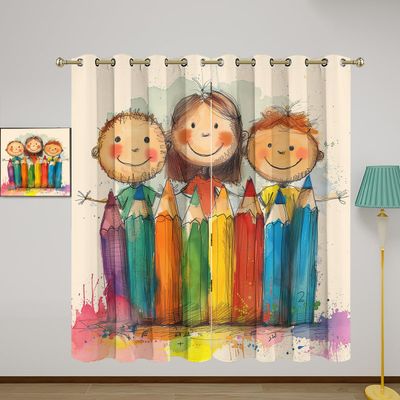 Kids Cartoon Blackout Curtains for Girls Boy Home Decor, Watercolor Kids Watercolor Fun Art Grommet Thermal Insulated Drapes Darkening Window Curtain for Bedroom Living Room, 63 x 63 Inch