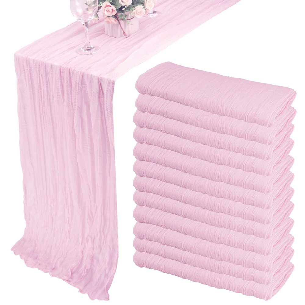 12 Pack 13Ft Cheesecloth Table Runner 35x157 Inch Boho Gauze Table Runner Cheese Cloth Long Rustic Table Runners for Wedding Bridal Shower Birthday Party Table Decor (Pink Purple)