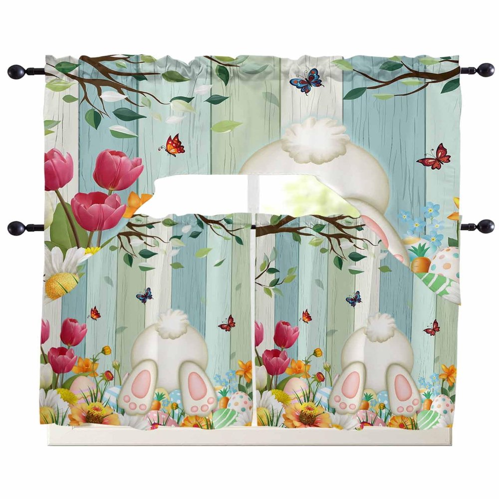 Easter Swag Kitchen Curtains Valance and Tier Set 36 Inch Length, Rod Pocket Swag Curtains for Living Room Bedroom Bathroom Window Drapes 3 Piece Funny Rabbit Butt Spring Plants Colorful Eggs