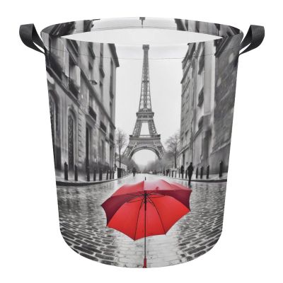 Laundry Hamper Large Laundry Basket Round Laundry Hampers with Handles Eiffel Tower Paris Red Umbrella Dirty Clothes Hamper Storage Basket for Family Bedroom Decoration