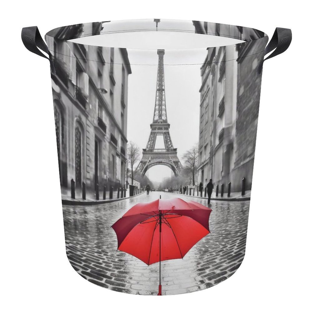 Laundry Hamper Large Laundry Basket Round Laundry Hampers with Handles Eiffel Tower Paris Red Umbrella Dirty Clothes Hamper Storage Basket for Family Bedroom Decoration