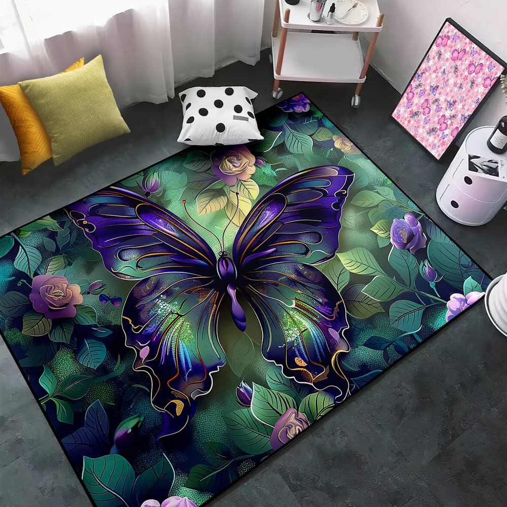 Butterfly Rug - Purple Butterfly Rugs for Girls Bedroom Purple Floral Rugs for Living Room Green Floral Carpet Floor Mats Indoor Outdoor Mat, 5x7 Feet