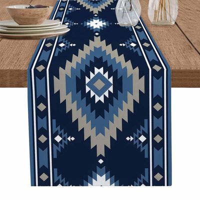 Native American Southwest Table Runner 90 Inches Long for Dining Table, Cotton Linen Farmhouse Washable Coffee Table Runners Dresser Scarf for Kitchen Party Holiday Western Boho Tribe Navy Blue