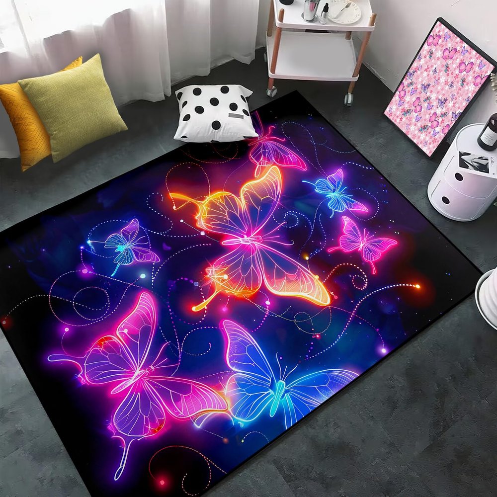 WJLBKGU Butterfly Rugs for Girls Bedroom - Purple Butterfly Rug for Girls Room Decor for Living Room Dining Room Sofa Floor Mat, Black, 4x5 Feet