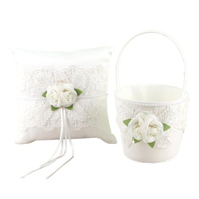 RTYUSWL Wedding Flower Girl Basket and Ring Bearer Pillow Set Romantic Flowers Lace Wedding Basket and Rings Pillow Satin Lace Pearl Collection Flower Basket Set for Wedding Party(White)