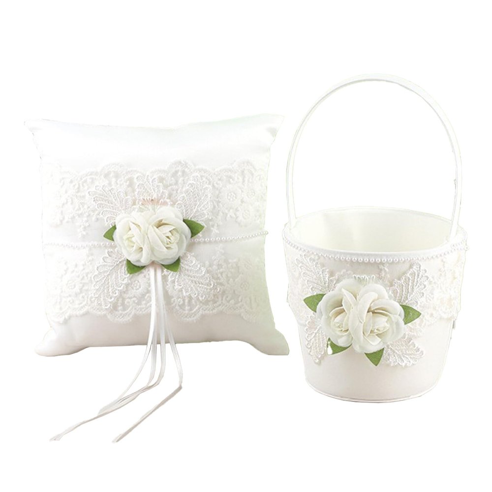 RTYUSWL Wedding Flower Girl Basket and Ring Bearer Pillow Set Romantic Flowers Lace Wedding Basket and Rings Pillow Satin Lace Pearl Collection Flower Basket Set for Wedding Party(White)