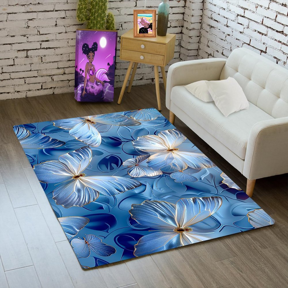 WJLBKGU Butterfly Rugs for Girls Bedroom - Blue Butterfly Rug for Living Room Dinning Room Indoor Outdoor Floor Mat Doormat, 2x3 Feet