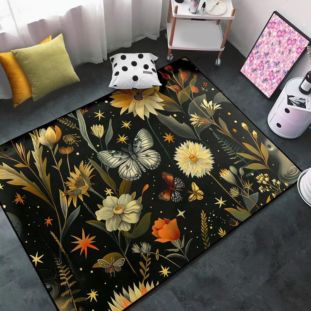 Butterfly Rug for Girls Bedroom - Floral Rugs for Living Room Dinning Room Butterfly Carpet Beautiful Flower Carpet Floor Mats, Indoor Outdoor Mat, 4x5 Feet