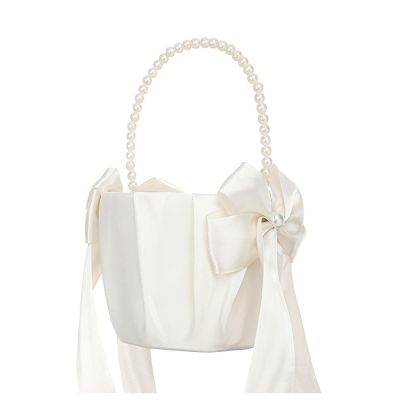 Flower Girl Baskets, Wedding Flower Girl Baskets, Ivory Flower Girl Basket, Flower Girl Baskets with Cute Pearl Handle Bowknot Satin Flower Baskets for Wedding Ceremony(#1)