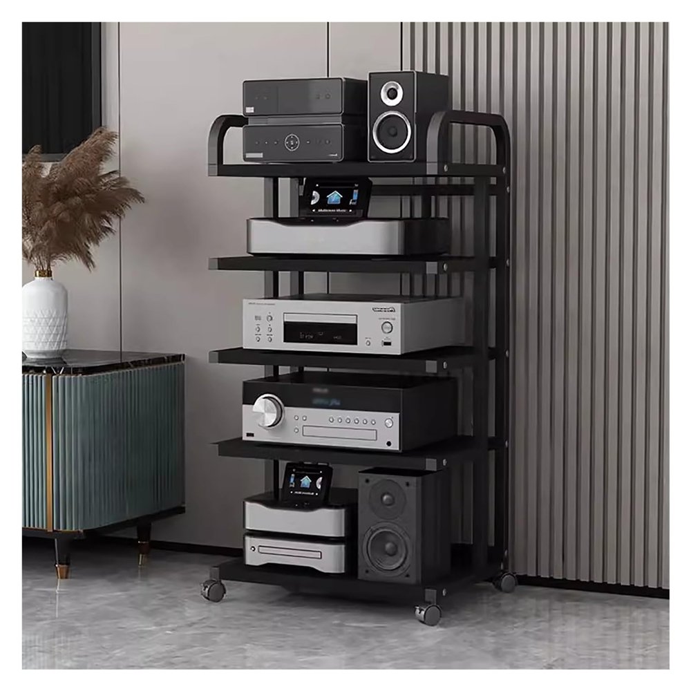 ELUKHT Audio Component Rack Tower Media Stereo Stand Equipment Shelf with Wheels, 3/4/ 5 Layer Steel Heavy Duty Home Entertainment System Organizer Holder (5 Tier a)