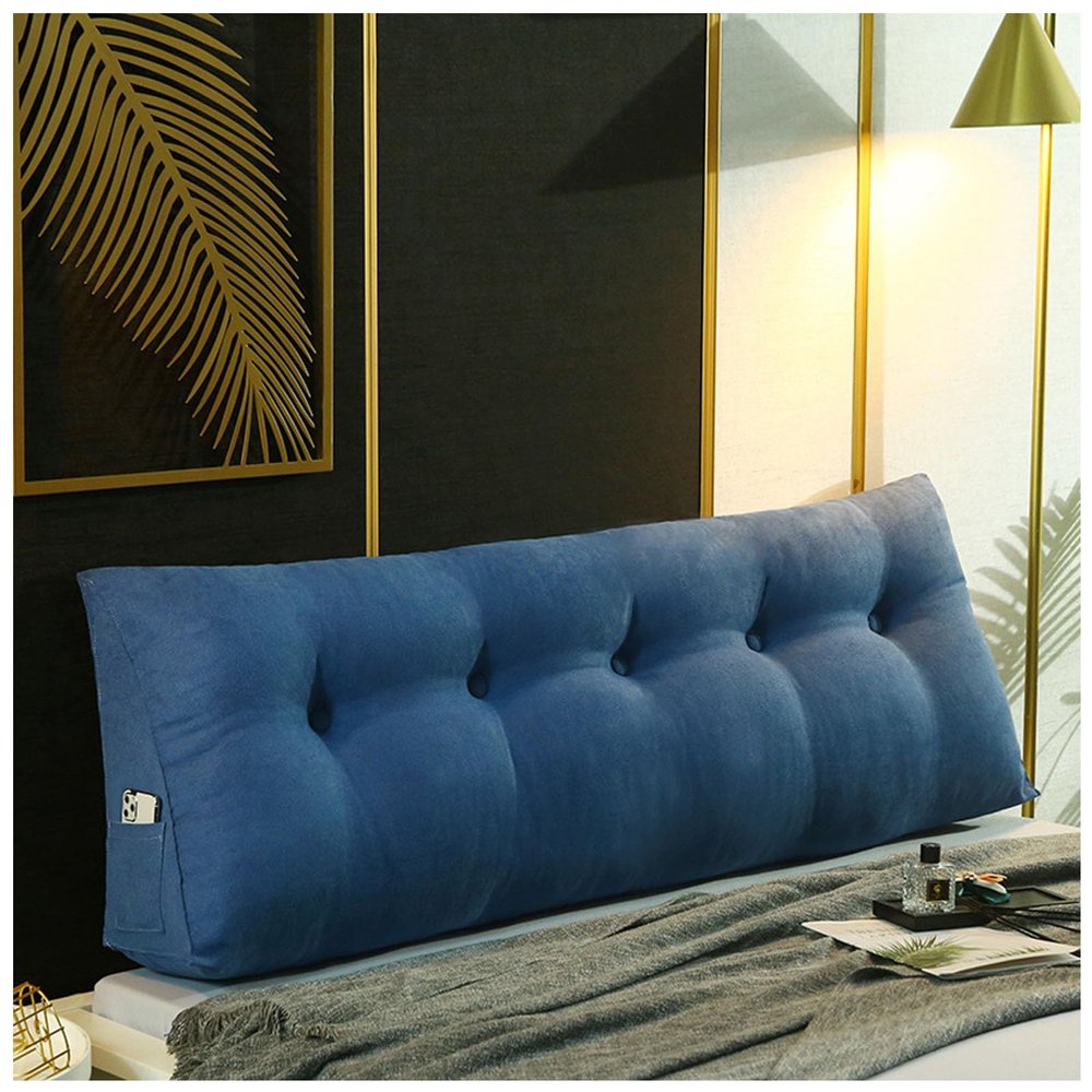 Headboard Back Support Cushion,Detachable and Washable Bed Backrest Pillow,Bedroom Reading Pad Backrest,Large Triangle Bolster Cushion(Size:79 * 8 * 20in,Color:Deep Sea Blue)
