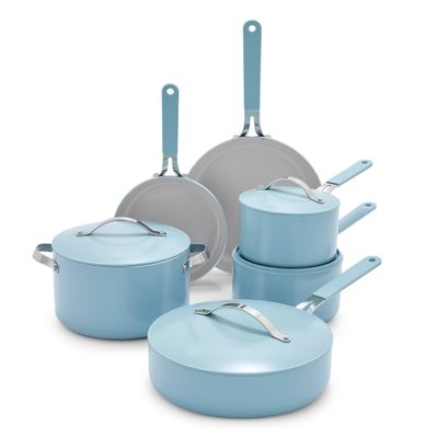 GreenLife 10-Piece Nonstick Ceramic Cookware Set, Lightweight Healthy PFAS-Free Pots & Pans with Lids, Dishwasher & Oven Safe, Durable Body, Silicone Stay-Cool Handles, Easy Release, Blue Haze