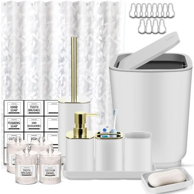 Bathroom Set,22 Piece Bathroom Accessories Set,White Shower Curtain,Tray,Soap Dispenser,Toothbrush Holder,Cup,Soap Dish,Toilet Brush,Qtip Holders,Trash Can for Bathroom Dcor and Housewarming Gifts