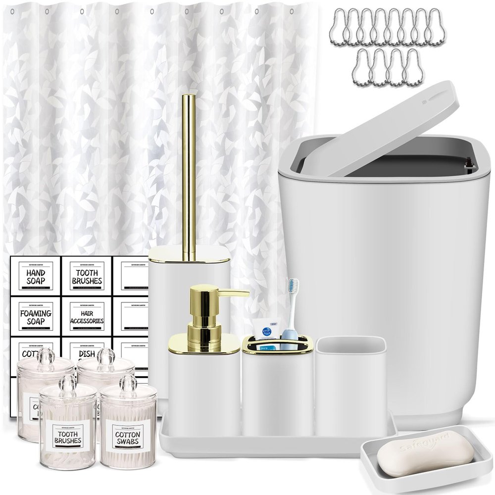 Bathroom Set,22 Piece Bathroom Accessories Set,White Shower Curtain,Tray,Soap Dispenser,Toothbrush Holder,Cup,Soap Dish,Toilet Brush,Qtip Holders,Trash Can for Bathroom Dcor and Housewarming Gifts