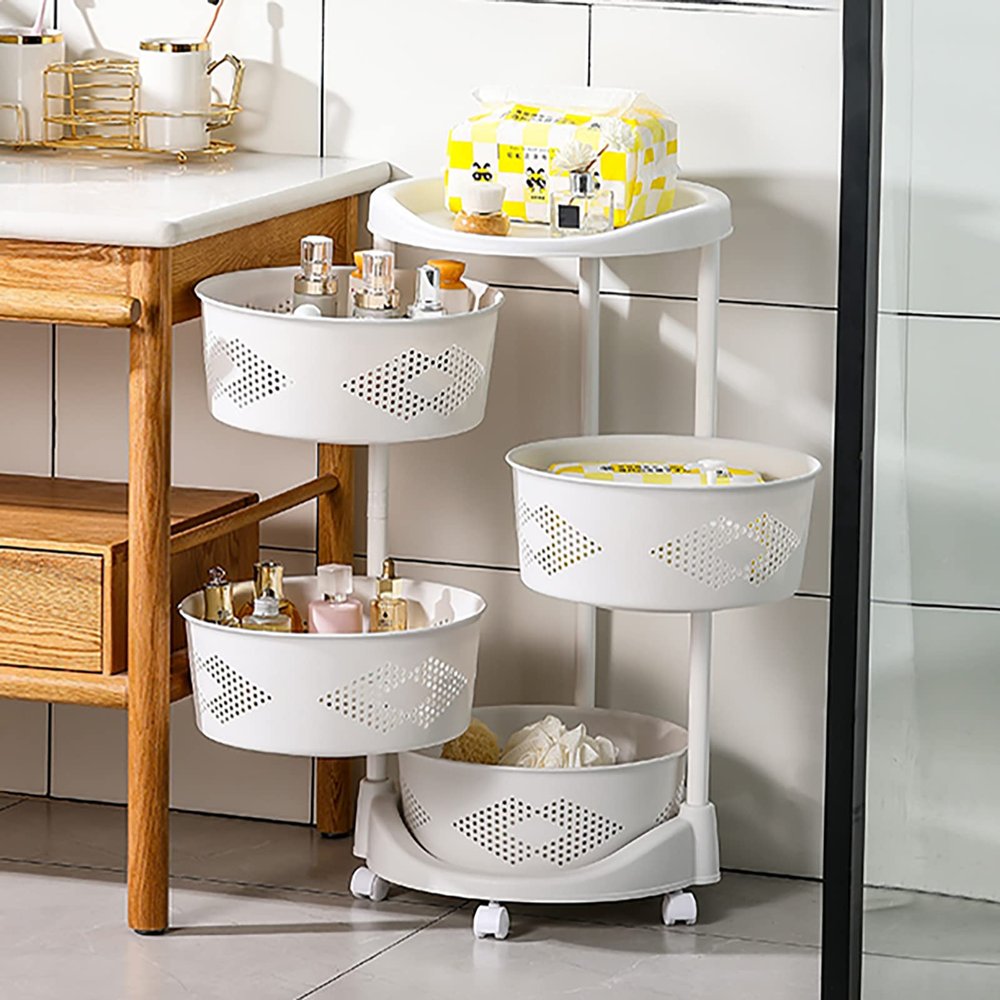FTUREPAC Rotating Kitchen Storage Rack, 4 Tier Fruit and Vegetable Storage Basket, Kitchen Storage Cart with Lockable Wheels, Rolling Carts for Living Room Toilet (White, 4 Tier)