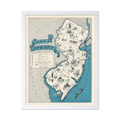 Poster Master Vintage New Jersey Map Print - Retro State Art - Gift for Teacher, Student, Travel Lover - Decoration for Classroom, Office, Dorm - 8x10 White Framed