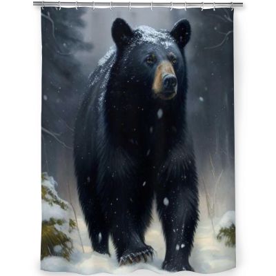 Snuqevc Black Bear in Snow Shower Curtain for Bathroom with 12 Hooks, Polyester Fabric Shower Curtain Sets 72 x 72 inch, Machine Washable Waterproof Modern Bath Curtain Decor