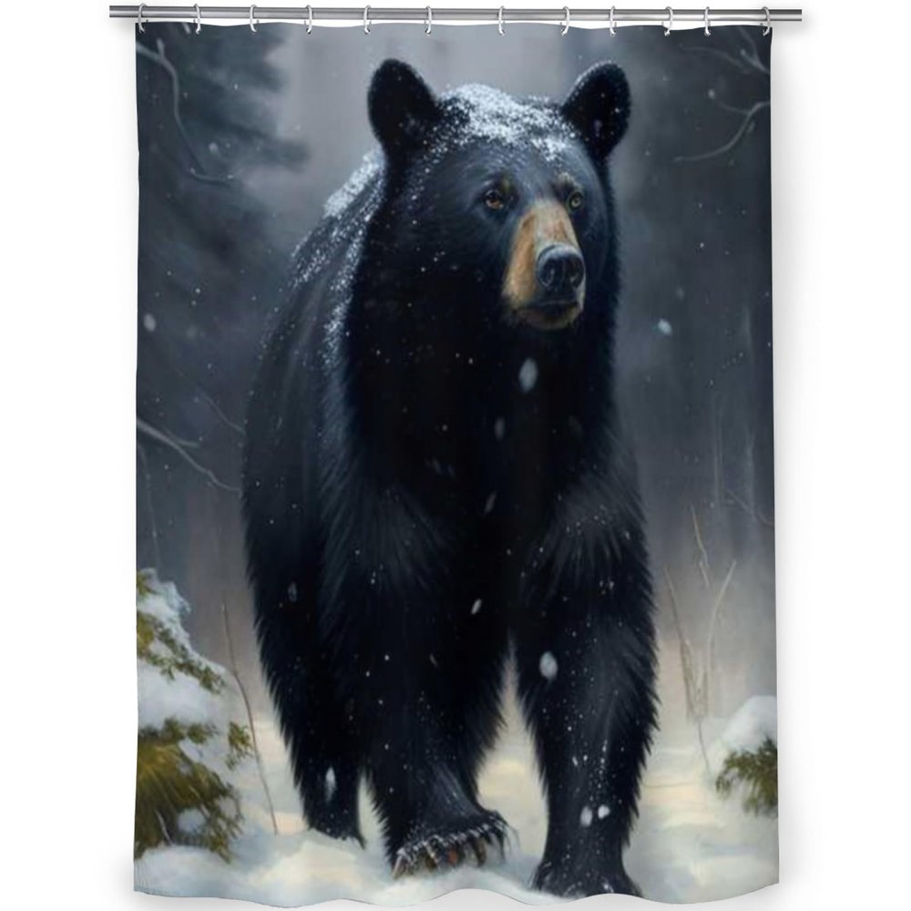 Snuqevc Black Bear in Snow Shower Curtain for Bathroom with 12 Hooks, Polyester Fabric Shower Curtain Sets 72 x 72 inch, Machine Washable Waterproof Modern Bath Curtain Decor