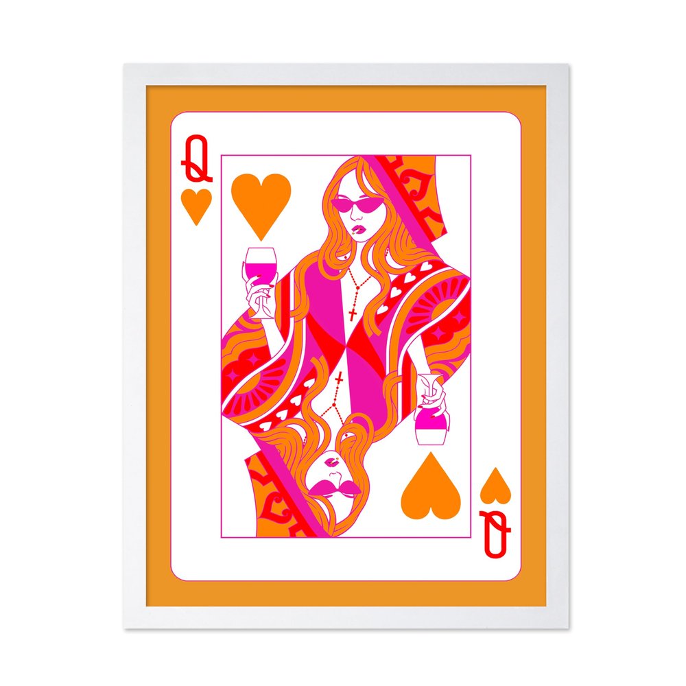 Poster Master Queen Of Hearts Poster - Retro Playing Cards Print - Funky & Groovy Card Art - Modern Print - Preppy Design - Trendy Artwork - Boho Decor - Dorm or Living Room Decor - 16x20 White Framed