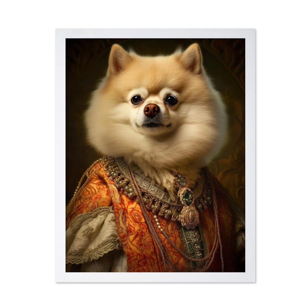 Poster Master Aristocratic Pomeranian Poster - Dog Print - Renaissance Art - Dog Breed Art - Gift for Him, Her & Animal Lover - Funny Decor for Bedroom, Living Room or Office, 16x20 White Framed