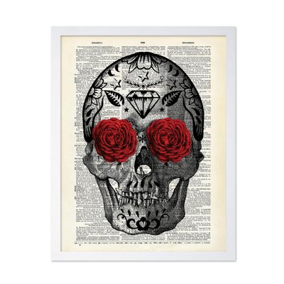 Poster Master Flowery Eyes Skull Print - Dictionary Poster - Skeleton Art - Floral Gift for Men, Women - Gothic Wall Decor for Bedroom, Living Room - 16x20 White Framed