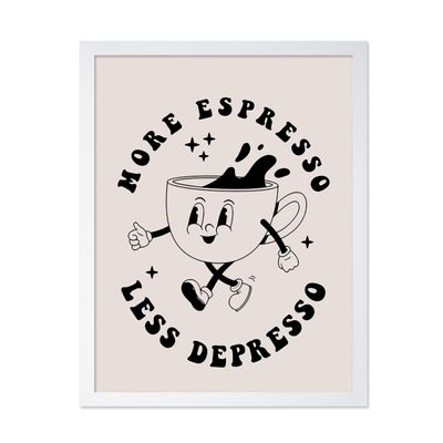 Poster Master More Espresso Less Depresso Print - Retro Coffee Poster - Modern Typography Art - Trendy Cafe Wall Design - Chic Boho Art - Kitchen or Restaurant Wall Decor - 16x20 White Framed