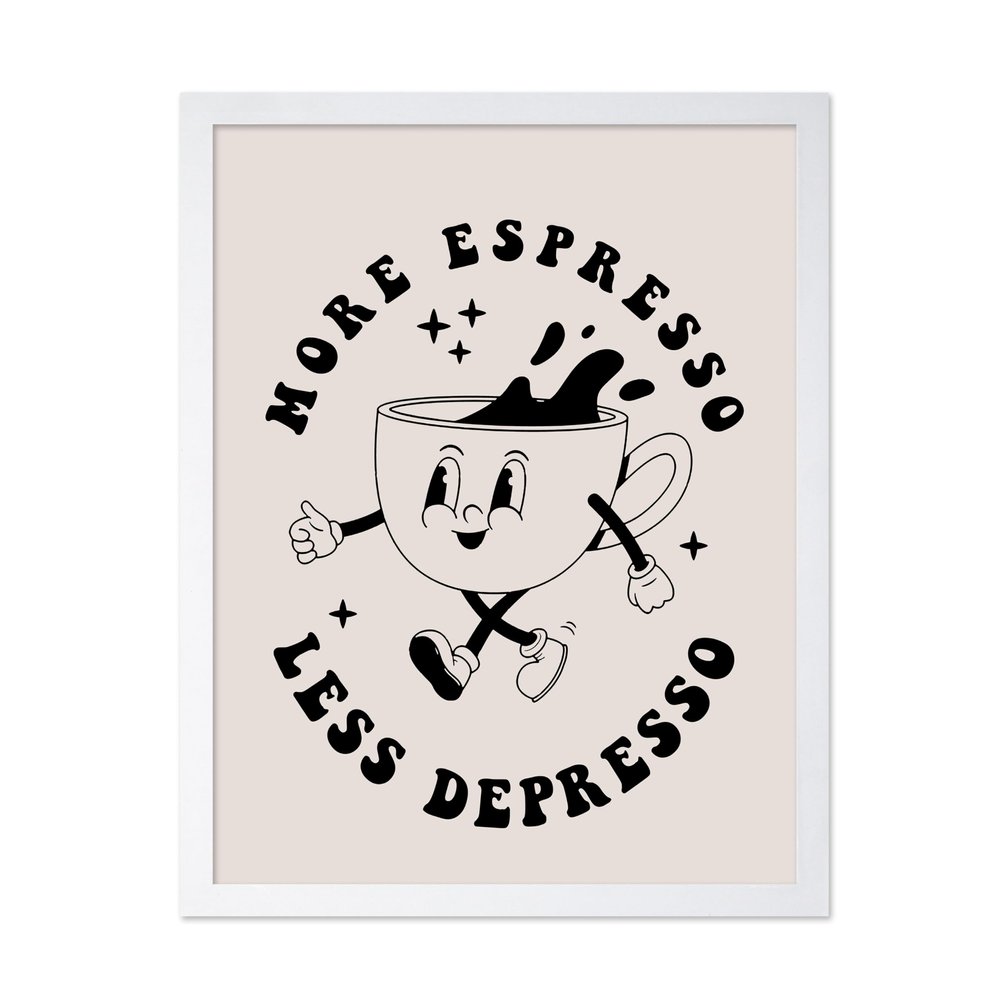 Poster Master More Espresso Less Depresso Print - Retro Coffee Poster - Modern Typography Art - Trendy Cafe Wall Design - Chic Boho Art - Kitchen or Restaurant Wall Decor - 16x20 White Framed