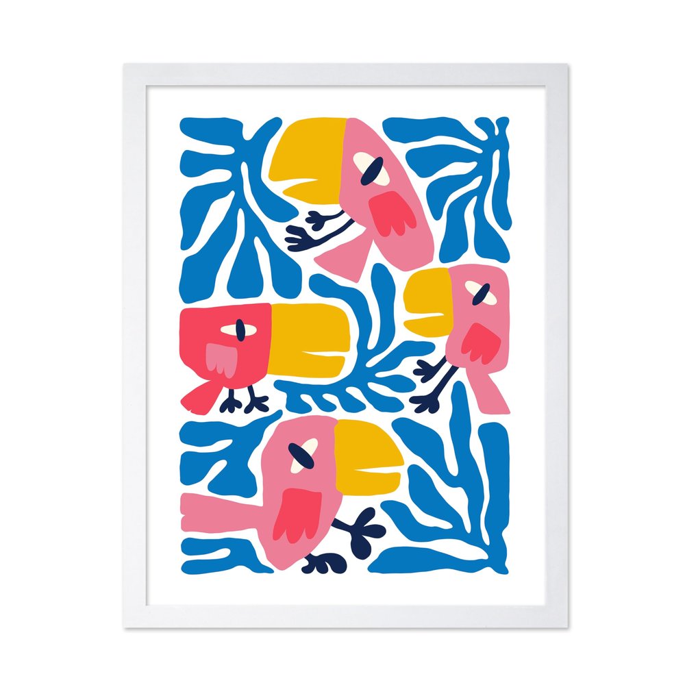 Poster Master Parrot Poster - Retro Flower Print - Chic Boho Art - Abstract Art - Groovy Bird Art - Floral Art - Modern Art - Trendy Art - Aesthetic Kid's Room Wall Decor, 16x20 White Framed
