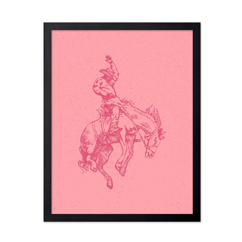 Poster Master Pink Rodeo Poster - Retro Cowboy on Bucking Horse Print - Cowboy Art - Western Print - Wild West Design - Gift for Him & Her - Decor for Ranch, Barn or Living Room - 11x14 Black Framed