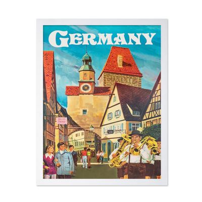 Poster Master Vintage Travel Poster - Retro Tourism Print - Germany, National Airlines, Men Playing Trombones - Gift for Artist, Friend - Wall Decor for Living Room, Office, 16x20 White Framed