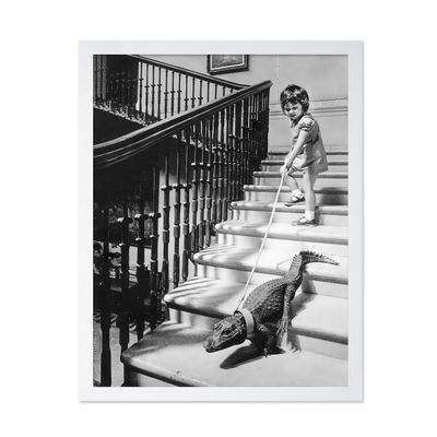 Poster Master Vintage Photograph Poster - Retro Funny Print - Gift for Artist, Friend - Little Girl and Baby Alligator on Leash, Animal - Wall Decor for Living Room, Office, 11x14 White Framed