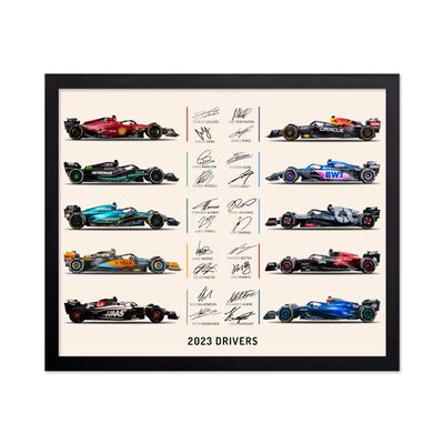 Poster Master 2023 Drivers Poster - Cars & Drivers Signatures Print - Sports Art - Car Racing Art - Gift for Men, Women & Car Enthusiast - Decor for Garage, Dorm or Office, 11x14 Black Framed