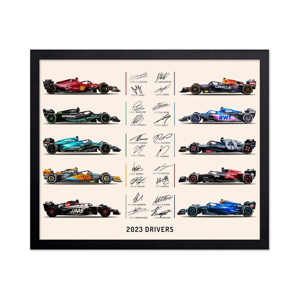 Poster Master 2023 Drivers Poster - Cars & Drivers Signatures Print - Sports Art - Car Racing Art - Gift for Men, Women & Car Enthusiast - Decor for Garage, Dorm or Office, 11x14 Black Framed