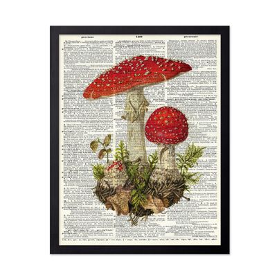 Poster Master Vintage Dictionary Poster - Retro Botanical Print - Gift for Gardener, Housewarming - Red Mushroom, Book Page - Wall Decor for Home, Kitchen, Restaurant, 16x20 Black Framed