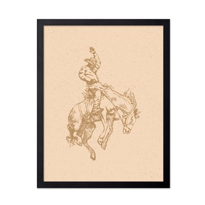 Poster Master Beige Rodeo Poster - Retro Cowboy on Bucking Horse Print - Cowboy Art - Western Print - Wild West Design - Gift for Him & Her - Decor for Ranch, Barn or Living Room - 11x14 Black Framed