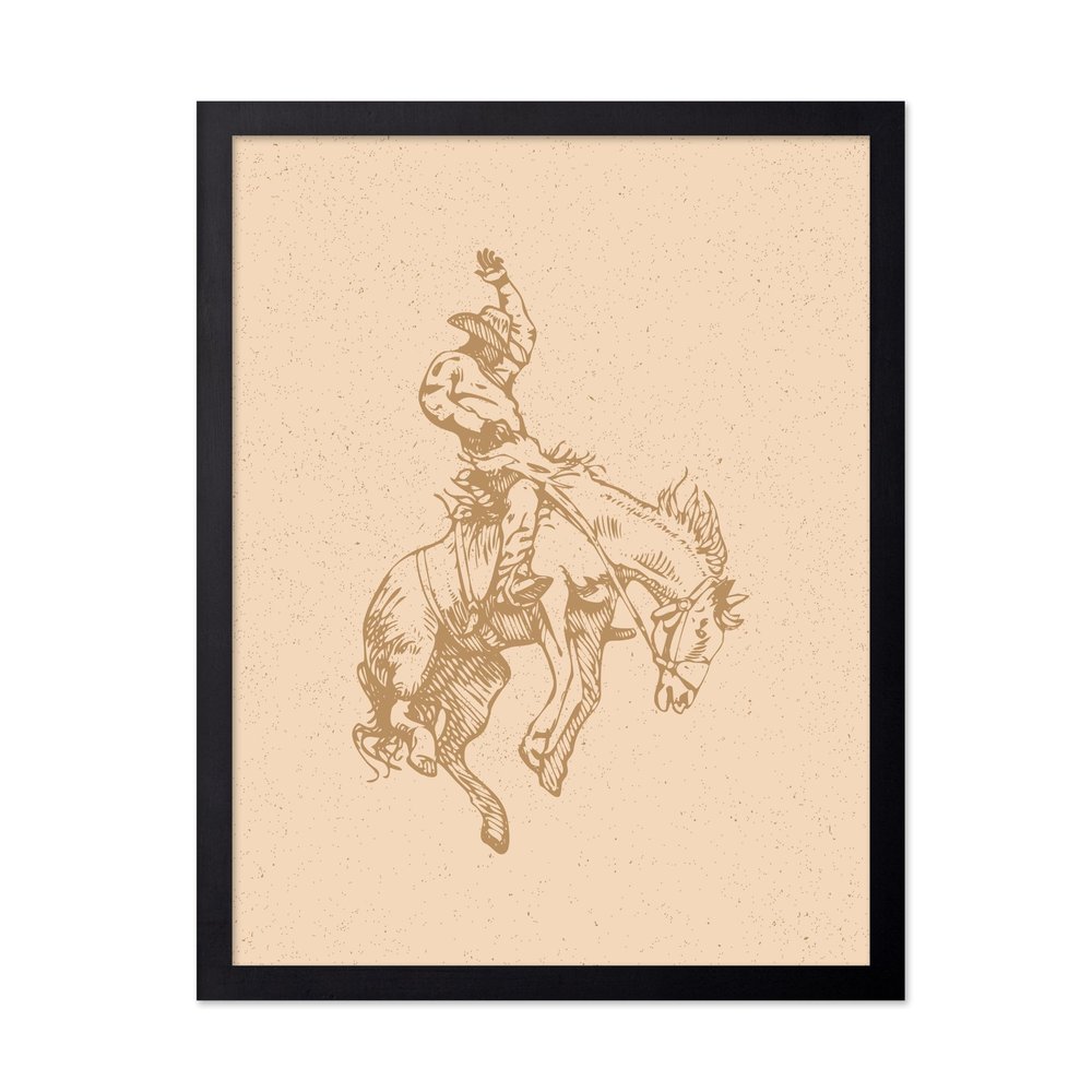 Poster Master Beige Rodeo Poster - Retro Cowboy on Bucking Horse Print - Cowboy Art - Western Print - Wild West Design - Gift for Him & Her - Decor for Ranch, Barn or Living Room - 11x14 Black Framed